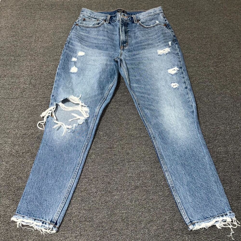 Abercrombie & Fitch A&F Mom Jeans Women 29/8R Blue Denim Distressed Straight Leg